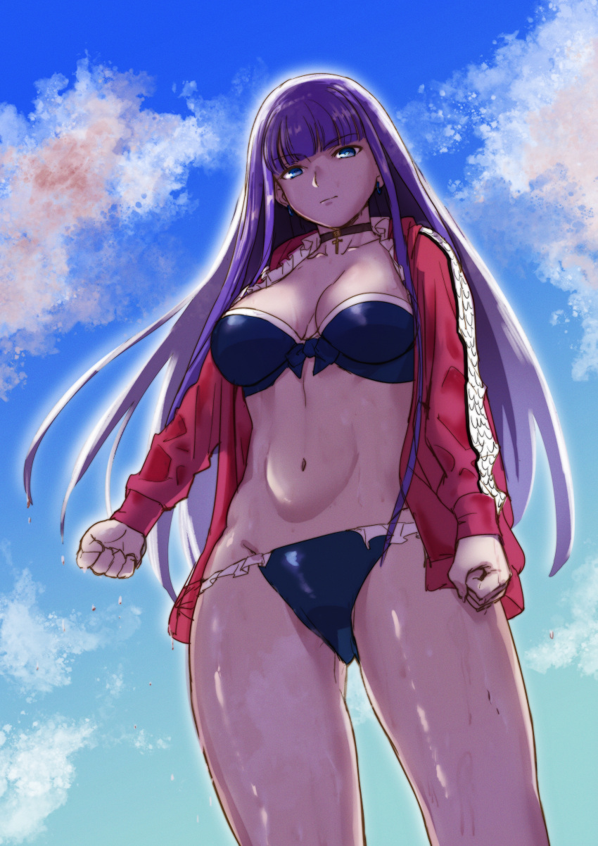 1girl, absurdres, aoba_(smartbeat), bangs, beach, bikini, black_bikini, blue_eyes