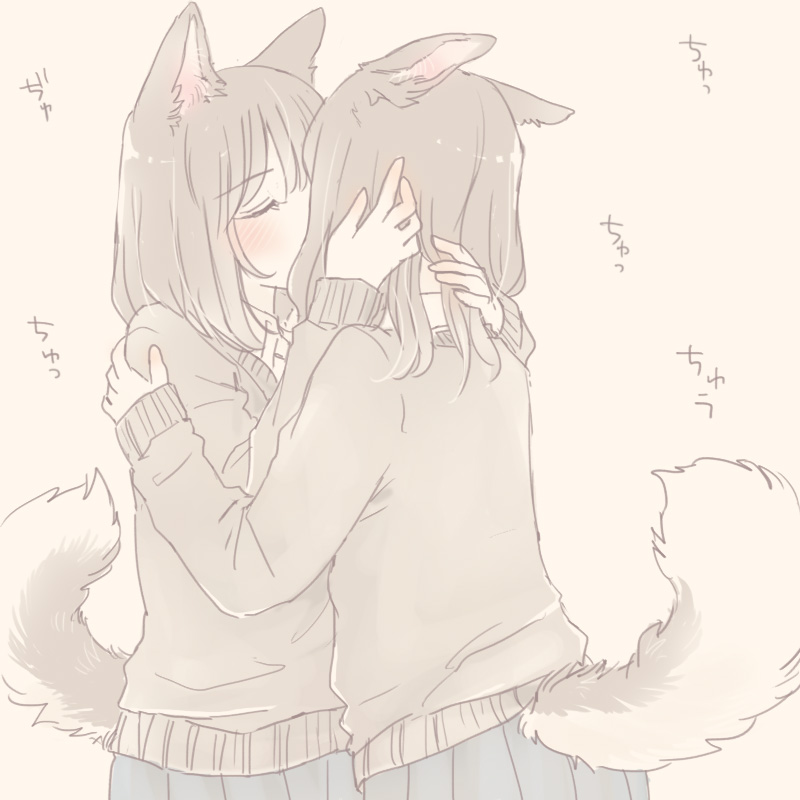 2girls, animal_ears, brown_sweater, closed_eyes, collared_shirt, commentary_request, dog_ears, dog_girl, dog_tail, eyebrows_visible_through_hair, grey_skirt, hand_on_another's_shoulder, hands_on_another's_head, kiss, long_sleeves, multiple_girls, nekoya_saki, original, pleated_skirt, school_uniform, shirt, skirt, sweater, tail, white_shirt, yuri