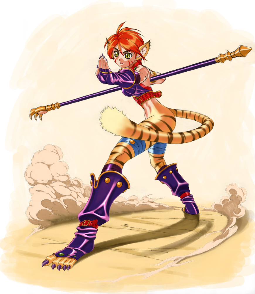breath_of_fire, breath_of_fire_ii, cat_ears, cat_tail, claws, d-suke, foreshortening, red_hair, redhead, rinpoo_chuan, staff, tail, yellow_eyes