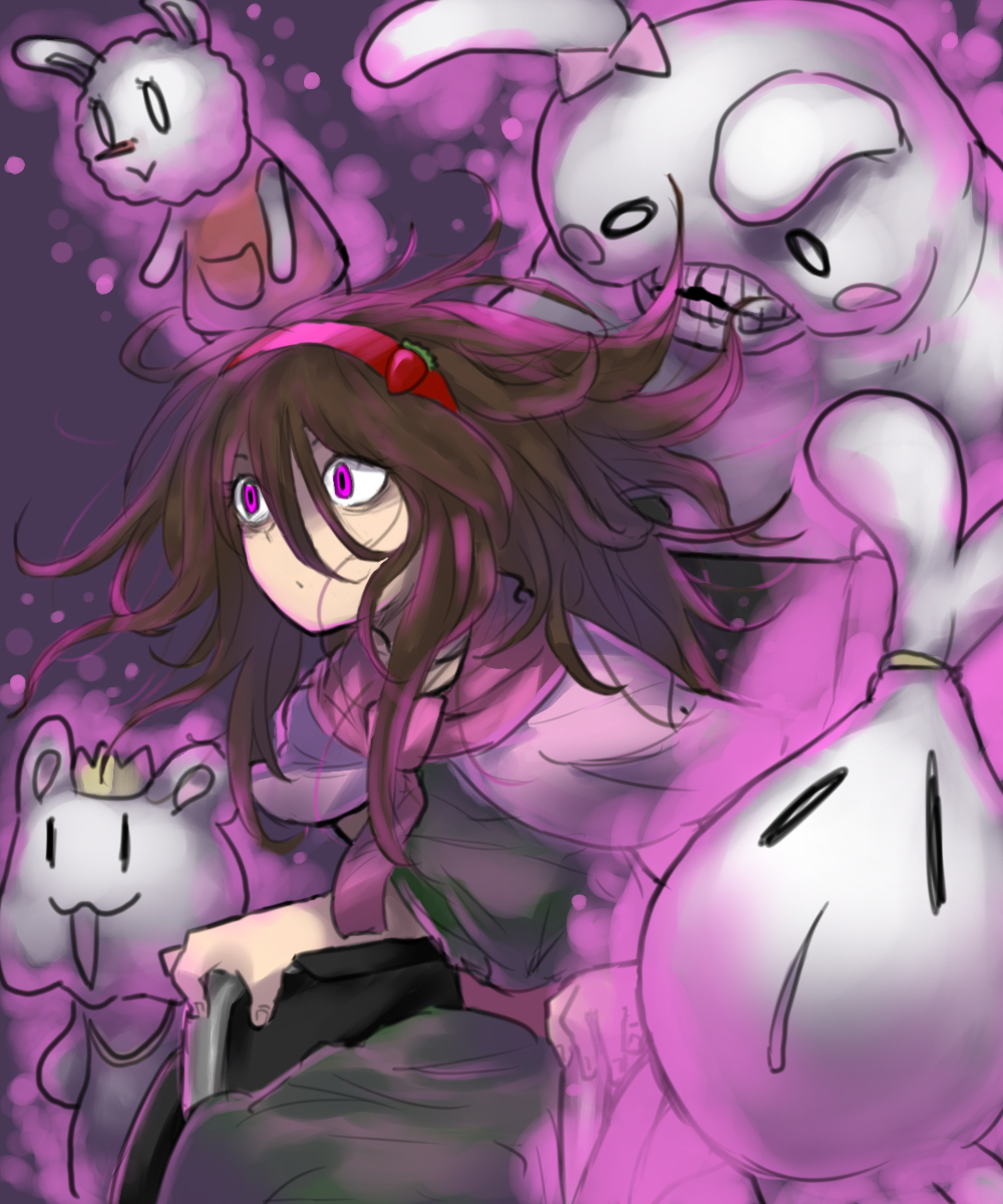 1girl, aura, bangs, brown_hair, capelet, closed_mouth, commentary_request, cookie_(touhou), crown, dress, feet_out_of_frame, floating_hair, food-themed_hair_ornament, gaburin, green_dress, hair_between_eyes, hair_ornament, hairband, highres, ichigo_(cookie), long_hair, looking_afar, neckerchief, pink_eyes, pink_neckwear, red_hairband, sitting, solo, strawberry_hair_ornament, stuffed_animal, stuffed_bunny, stuffed_toy, wheelchair, white_capelet