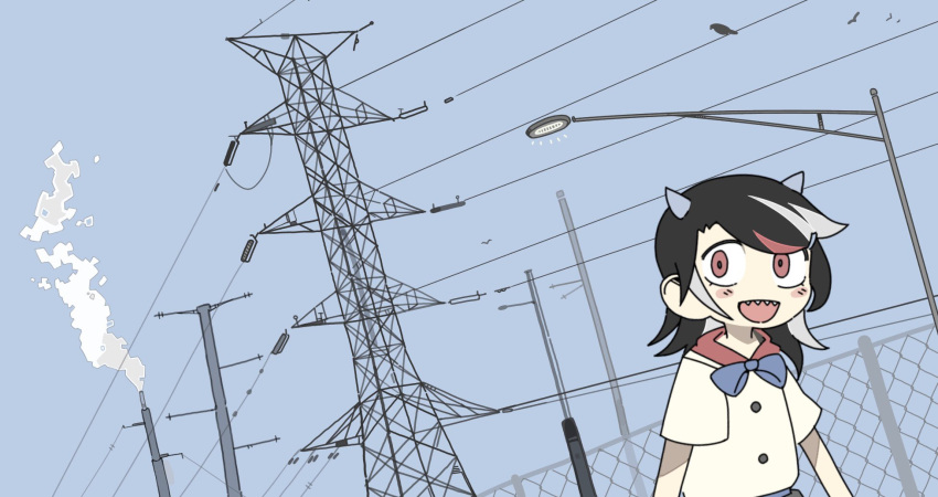 1girl, :d, bangs, bird, black_hair, blue_bow, blue_sky, blush