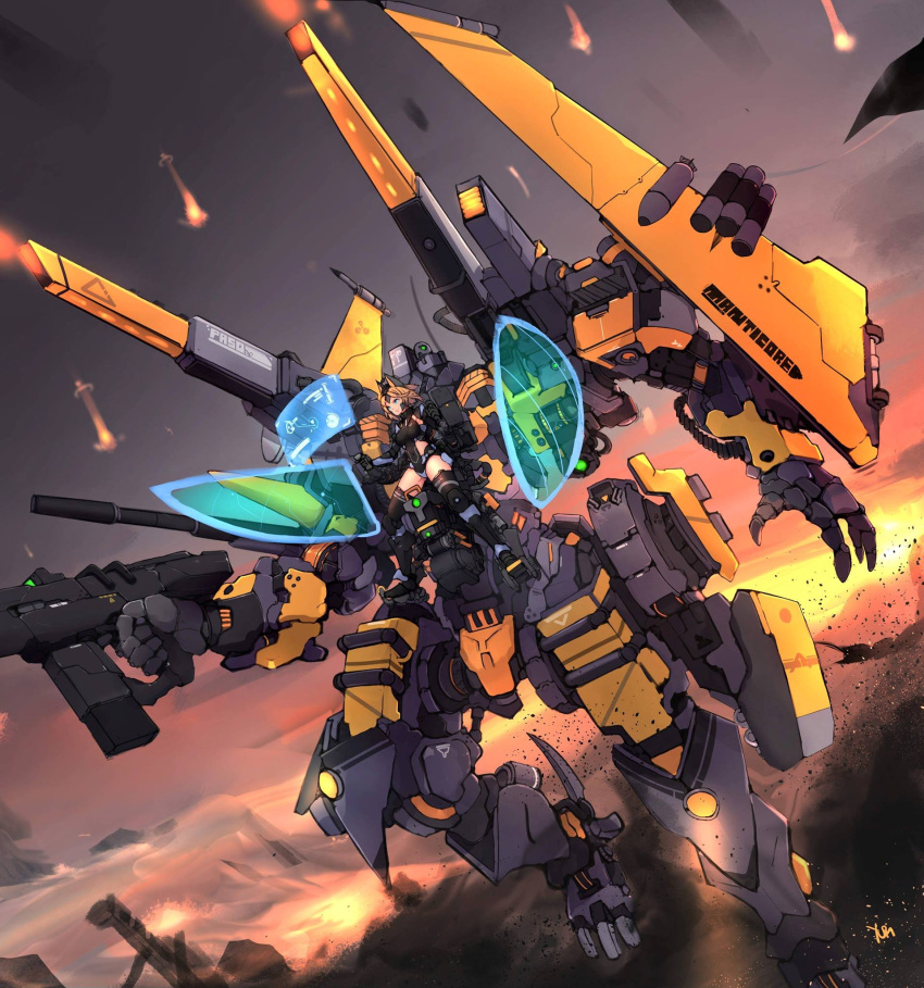 1girl, blonde_hair, boots, breasts, commission, covered_navel, externally_piloted_mecha, green_eyes, gun, highres, holding, holding_gun, holding_weapon, large_breasts, looking_up, mecha, missile, open_hand, original, pilot_suit, shoulder_cannon, sitting, syaha, thigh-highs, thigh_boots, weapon