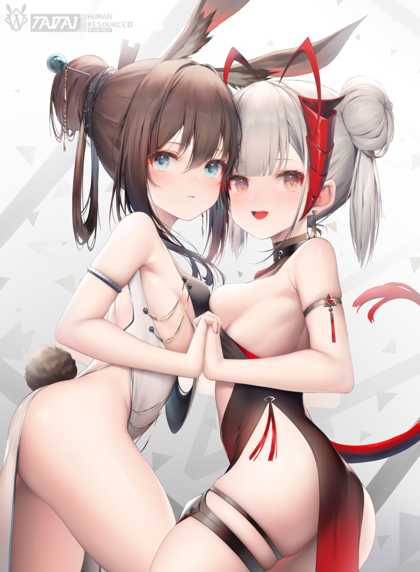 2girls, :d, amiya_(arknights), animal_ears, antennae, arknights, armpit_crease, bare_shoulders