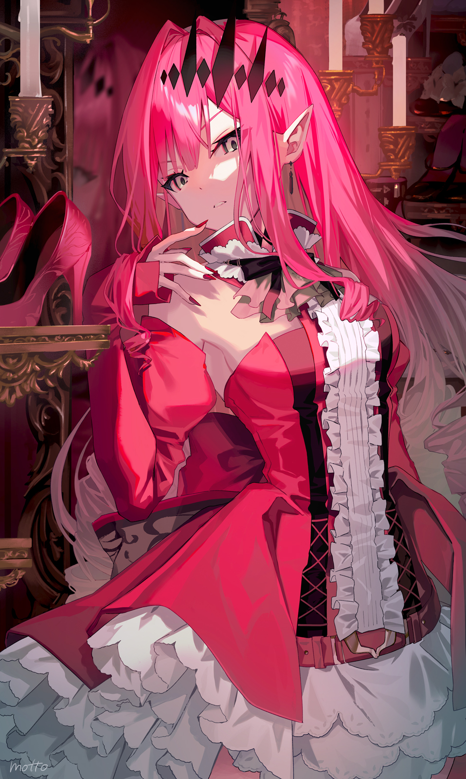 1girl, bangs, bare_shoulders, breasts, center_frills, circlet, detached_collar, detached_sleeves