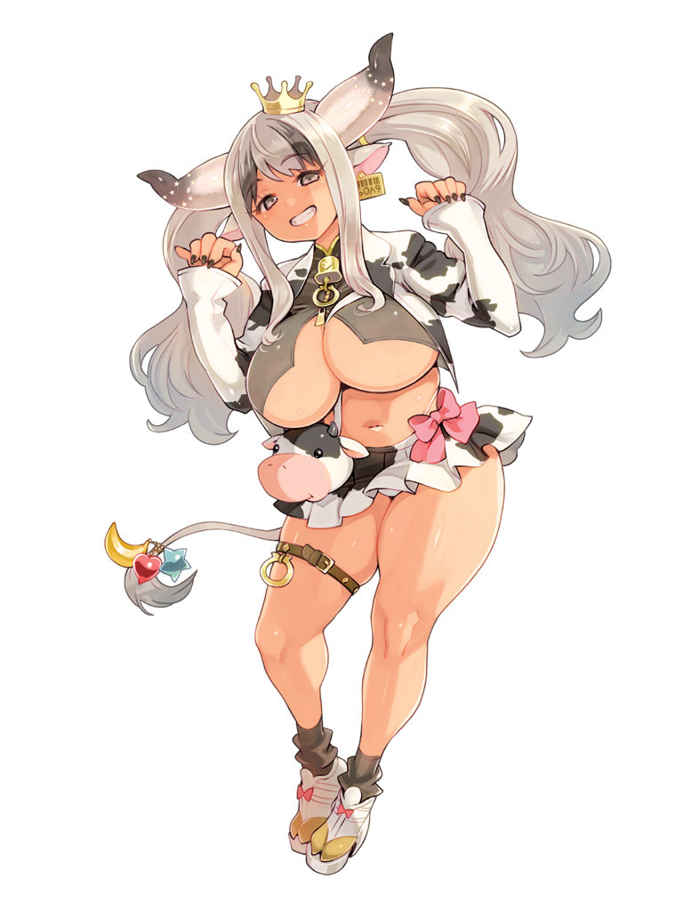 1girl, animal_ears, animal_print, bangs, bell, black_hair, black_nails, breasts