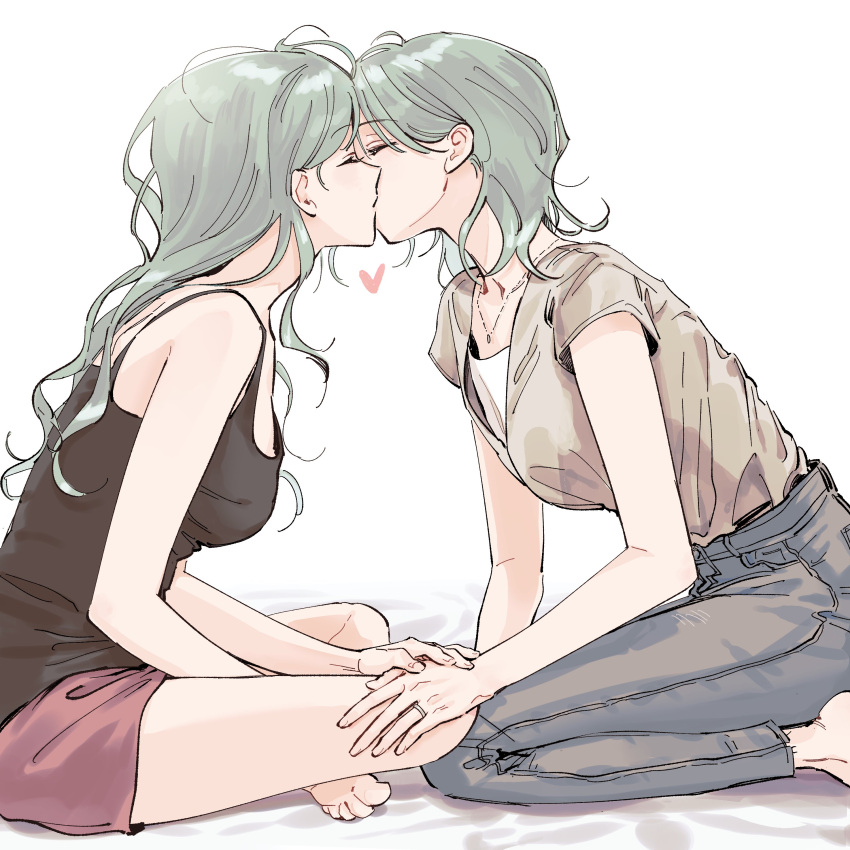 2girls, absurdres, bang_dream!, breasts, closed_eyes, commentary_request, denim, eyebrows_visible_through_hair
