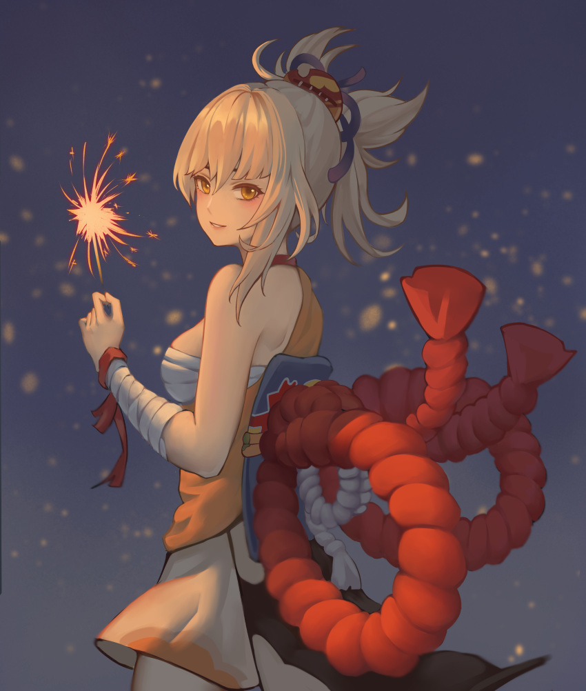 1girl, :d, absurdres, bandaged_arm, bandages, bangs, blunt_bangs, blurry