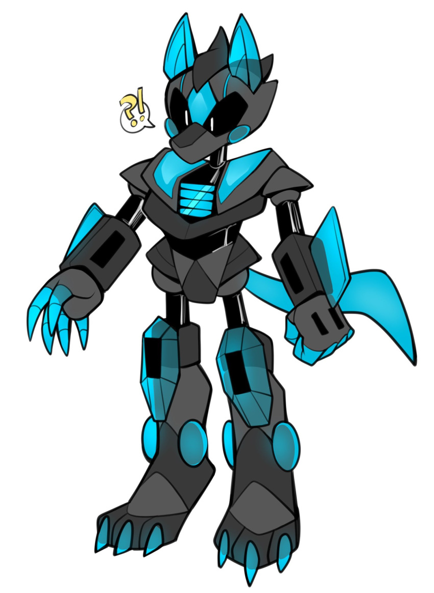 !?, 1other, animal_ears, barefoot, black_sclera, clenched_hand, colored_sclera, colored_skin, commentary, english_commentary, full_body, grey_skin, highres, humanoid_robot, kaijumilk_(milkchaotea), neon_trim, original, simple_background, solo, spoken_interrobang, standing, symbol_commentary, tail, white_background, white_eyes