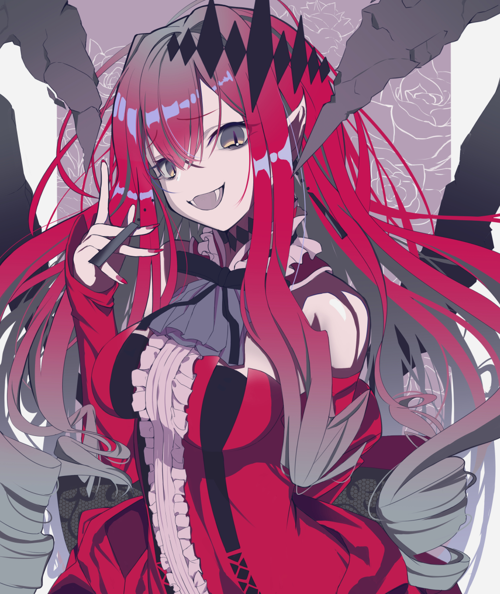 1girl, bare_shoulders, dress, earrings, fangs, fate/grand_order, fate_(series), grey_eyes