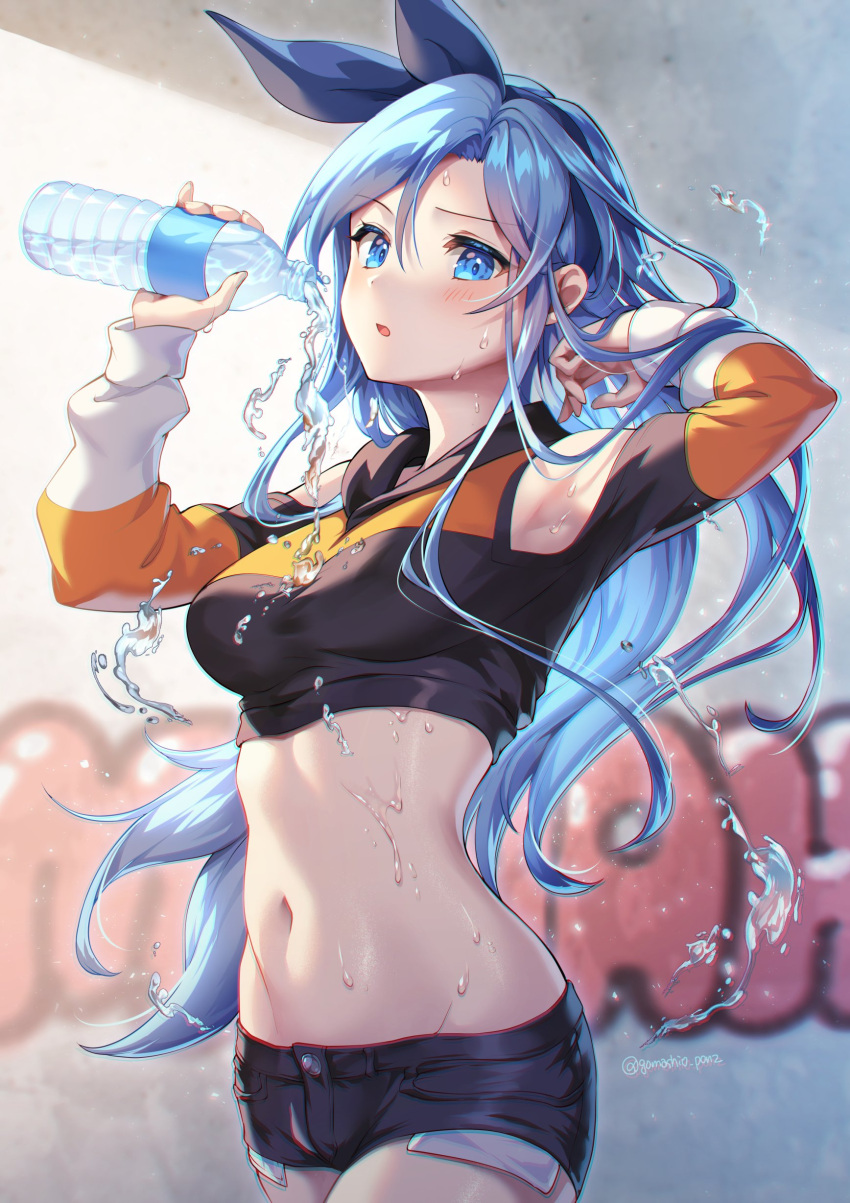 1girl, absurdres, arm_up, armpits, bare_shoulders, black_shorts, blue_eyes, blue_hair