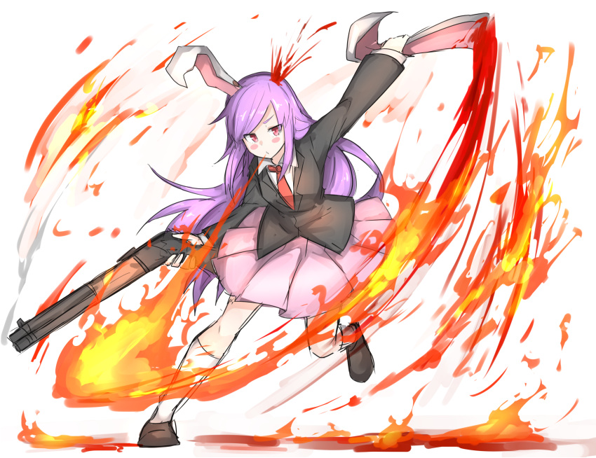 1girl, animal_ears, bangs, black_jacket, blazer, blood, blush, breathing_fire, brown_footwear, collared_shirt, commentary_request, cookie_(touhou), fire, full_body, gun, highres, hisui_(cookie), holding, holding_ear, holding_gun, holding_weapon, jacket, leg_up, long_hair, looking_at_viewer, necktie, pink_skirt, purple_hair, rabbit_ears, red_eyes, red_neckwear, reisen_udongein_inaba, shirt, shitteru?, shoes, simple_background, skirt, socks, solo, swept_bangs, touhou, weapon, white_background, white_legwear, white_shirt