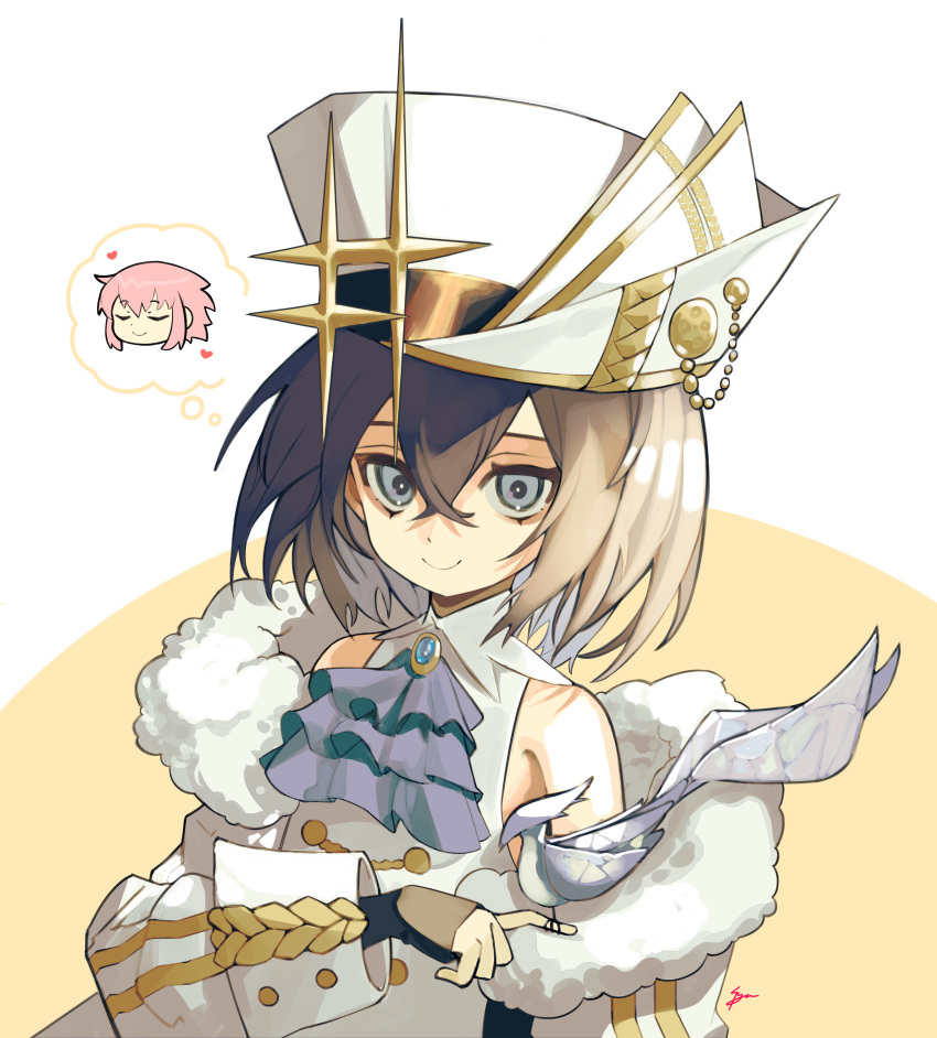2girls, absurdres, alchemy_stars, ascot, bangs, bare_shoulders, bird, black_gloves, black_hair, blue_bird, blue_eyes, blue_neckwear, closed_eyes, coat, fingerless_gloves, gem, gloves, hat, heart, highres, hiiro_(alchemy_stars), looking_at_viewer, multiple_girls, pink_hair, shirt, simple_background, sleeveless, sleeveless_shirt, smile, solo_focus, syu45, thought_bubble, white_headwear, zoya_(alchemy_stars)