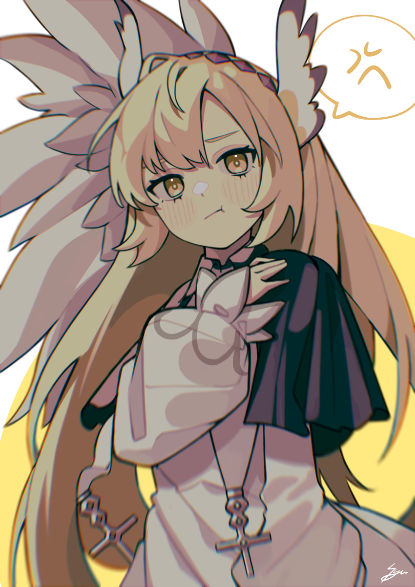 1girl, absurdres, alchemy_stars, angel_(alchemy_stars), angel_wings, anger_vein, bangs, blonde_hair