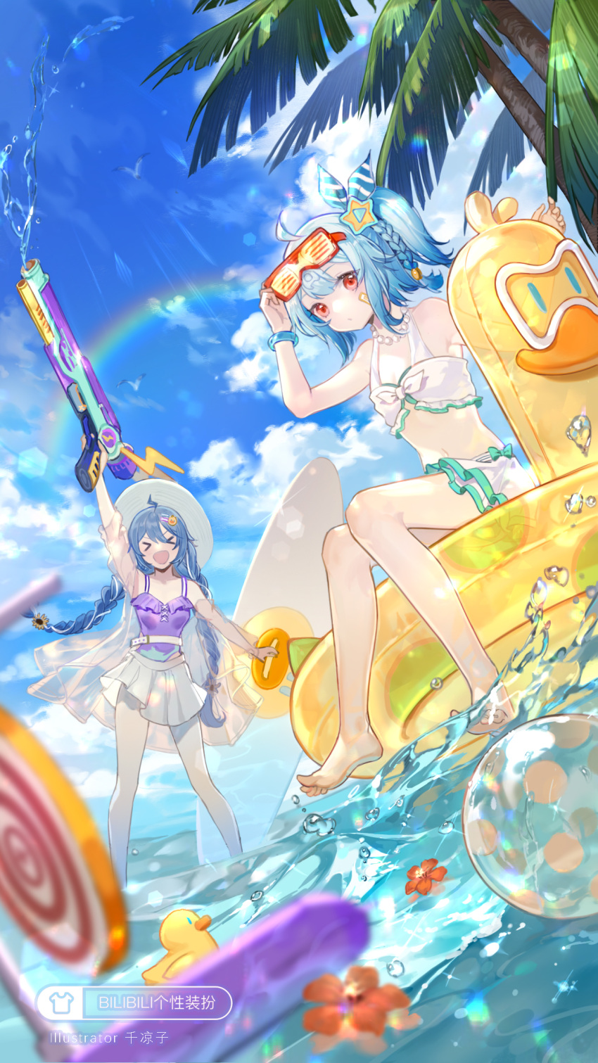 >_<, 2girls, :d, ahoge, arm_up, artist_name, bandaid, bandaid_on_face