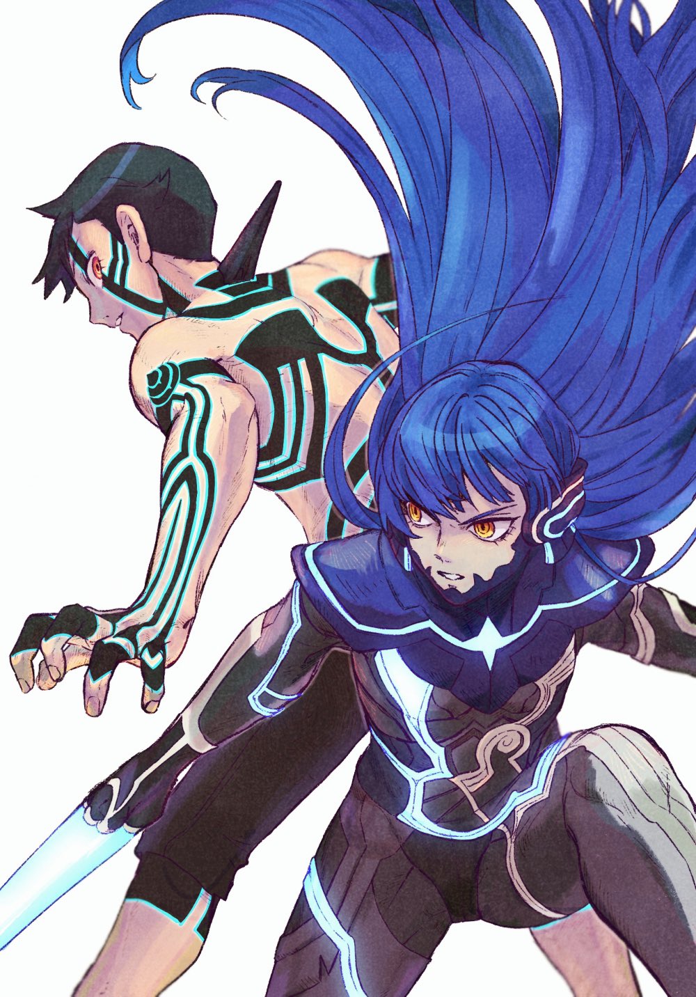 2boys, androgynous, bangs, black_hair, bodysuit, brown_hair, collarbone, crossover, eyelashes, full-body_tattoo, gloves, highres, hitoshura, long_hair, male_focus, msmsno_kome, multiple_boys, protagonist_(smtv), pspsno_pan, purple_hair, shin_megami_tensei, shin_megami_tensei_iii:_nocturne, shin_megami_tensei_v, shirtless, short_hair, shorts, simple_background, sword, tattoo, very_long_hair, weapon, yellow_eyes