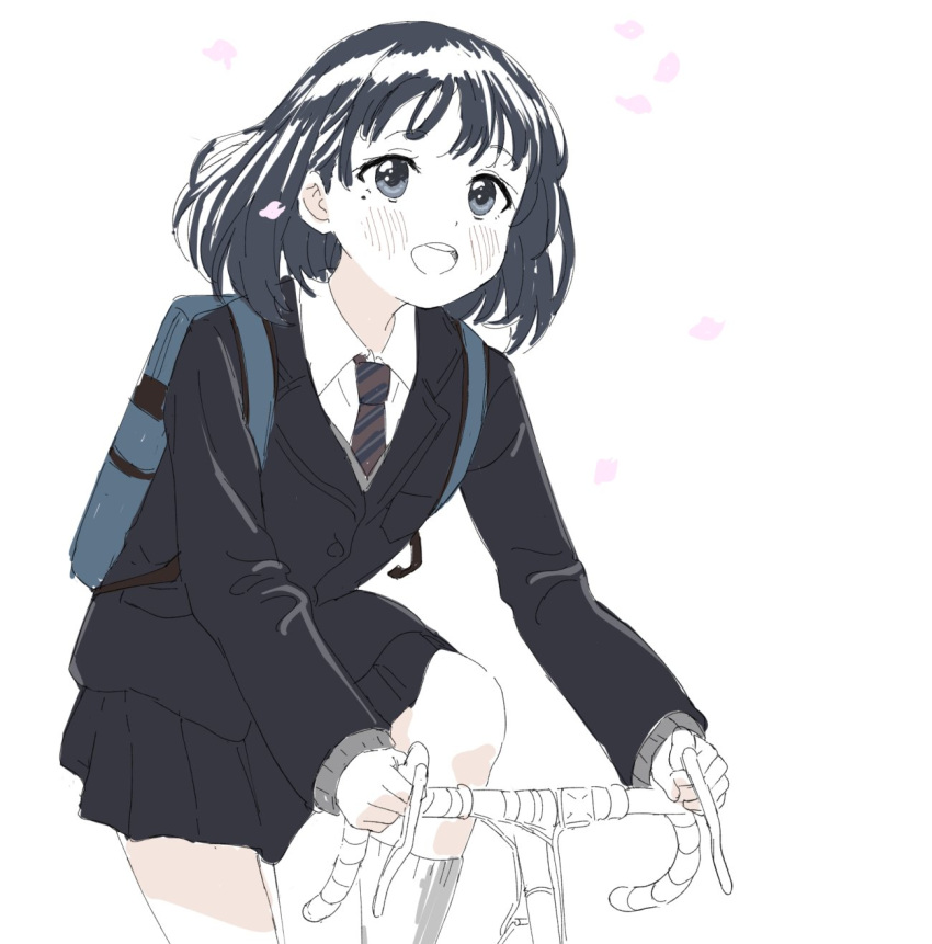 1girl, backpack, bag, bicycle, blazer, blue_bag, blush, cherry_blossoms, collared_shirt, commentary_request, eniwa_shii, floating_hair, grey_eyes, grey_hair, grey_jacket, grey_skirt, ground_vehicle, highres, jacket, medium_hair, mole, mole_under_eye, necktie, open_mouth, partially_colored, petals, riding_bicycle, school_bag, school_uniform, shirt, simple_background, sincos, sketch, skirt, smile, socks, solo, striped, striped_neckwear, super_cub, upper_teeth, white_background, white_legwear, white_shirt