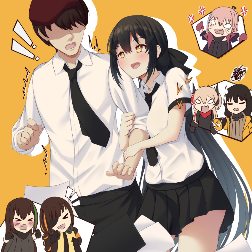 1boy, 6+girls, absurdres, act_(xadachit), alternate_costume, arm_between_breasts, between_breasts, black_hair
