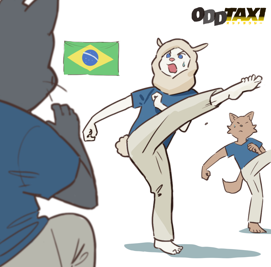 1girl, 2boys, alpaca, alpaca_girl, blue_shirt, brazilian_flag, capoeira, flag