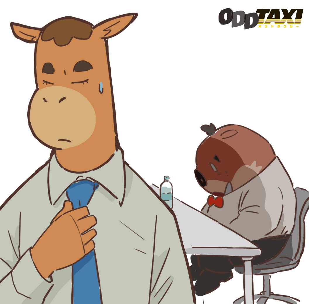 2boys, baba_atsuya, blue_neckwear, bottle, closed_eyes, furry, grey_shirt, mugicaan1