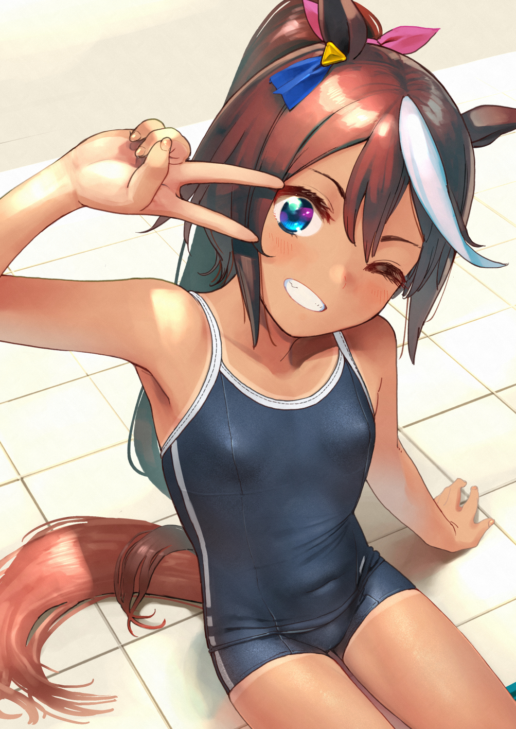 1girl, animal_ears, bangs, bare_arms, bare_shoulders, blue_eyes, blue_swimsuit, blush