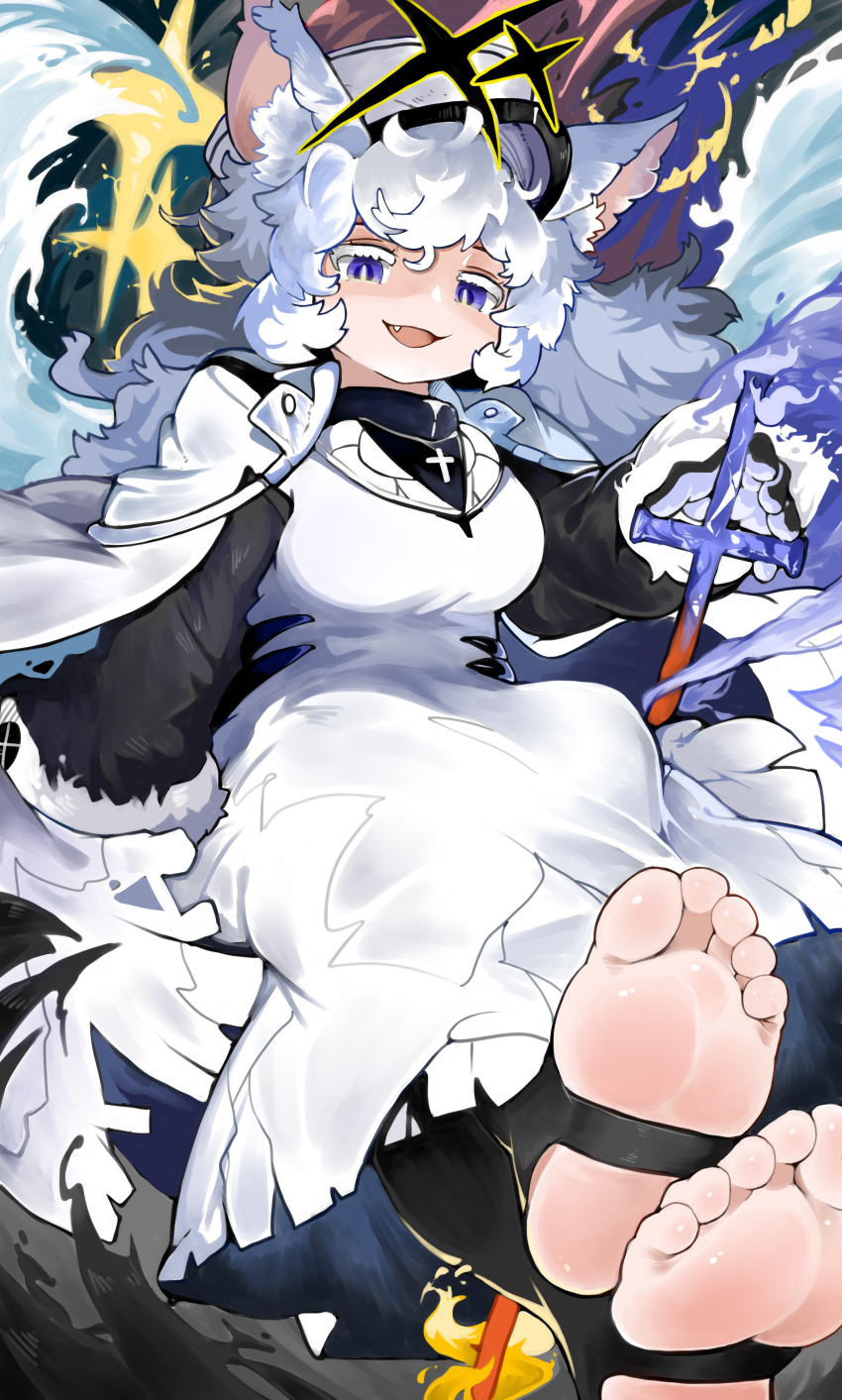 1girl, absurdres, alchemy_stars, animal_ears, bangs, black_gloves, black_legwear, blue_eyes, breasts, cat_ears, coat, fang, feet, gloves, hat, highres, long_coat, long_hair, long_sleeves, medium_breasts, menthako, open_mouth, philyshy_(alchemy_stars), smile, soles, solo, white_coat, white_hair, white_headwear