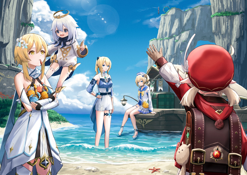 5girls, ahoge, arm_guards, arm_up, backpack, bag, bag_charm, bangs, barbara_(genshin_impact), beach, black_scarf, blonde_hair, blue_eyes, blue_sky, boat, bow, brown_gloves, cabbie_hat, carrying, charm_(object), clouds, cloudy_sky, coat, commentary_request, crab, crab_claw, detached_sleeves, dodoco_(genshin_impact), dress, drill_hair, ebiri_fy, eyebrows_visible_through_hair, floating, from_behind, genshin_impact, gloves, hair_between_eyes, hair_bow, hair_ribbon, hat, hat_feather, hat_ornament, highres, hooded_coat, horizon, in_water, jean_(genshin_impact), klee_(genshin_impact), light_brown_hair, long_hair, looking_at_another, looking_up, low_twintails, lumine_(genshin_impact), mechanical_halo, multiple_girls, ocean, paimon_(genshin_impact), pocket, pointy_ears, ponytail, randoseru, red_coat, red_headwear, ribbon, scarf, short_hair, short_hair_with_long_locks, sidelocks, sitting, sky, starfish, sunlight, thigh-highs, twin_drills, twintails, vision_(genshin_impact), watercraft, waverider_(genshin_impact), waving, white_dress, white_legwear, white_scarf, yellow_eyes, zettai_ryouiki