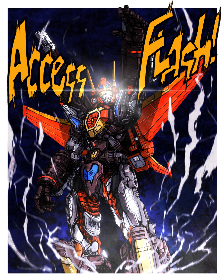 absurdres, battles_gridman, diabattles, diaclone, glowing, glowing_eye, gridman_(character), gridman_universe, highres, mecha, mechanical_wings, moyan, no_humans, open_hands, science_fiction, shoulder_cannon, smoke, solo, ssss.gridman, super_robot, visor, wings