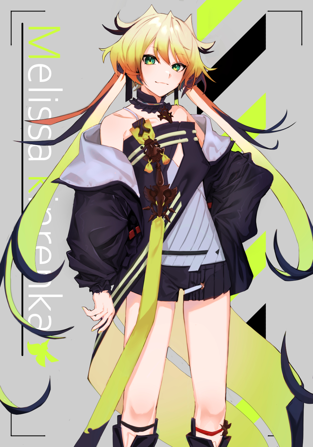 1other, bangs, black_hair, black_jacket, black_shorts, blonde_hair, character_name, collarbone, colored_inner_hair, detached_collar, dress, gradient_hair, green_eyes, green_hair, highres, jacket, kikubayashi, long_hair, melissa_kinrenka, multicolored_hair, nijisanji, off-shoulder_jacket, off_shoulder, open_hand, orange_hair, shorts, smile, solo, strapless, strapless_dress, tube_dress, virtual_youtuber