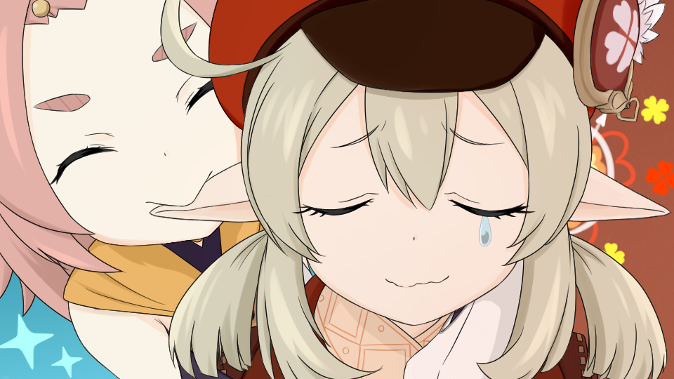 2girls, ^_^, ahoge, bangs, bangs_pinned_back, biting, c:, cabbie_hat