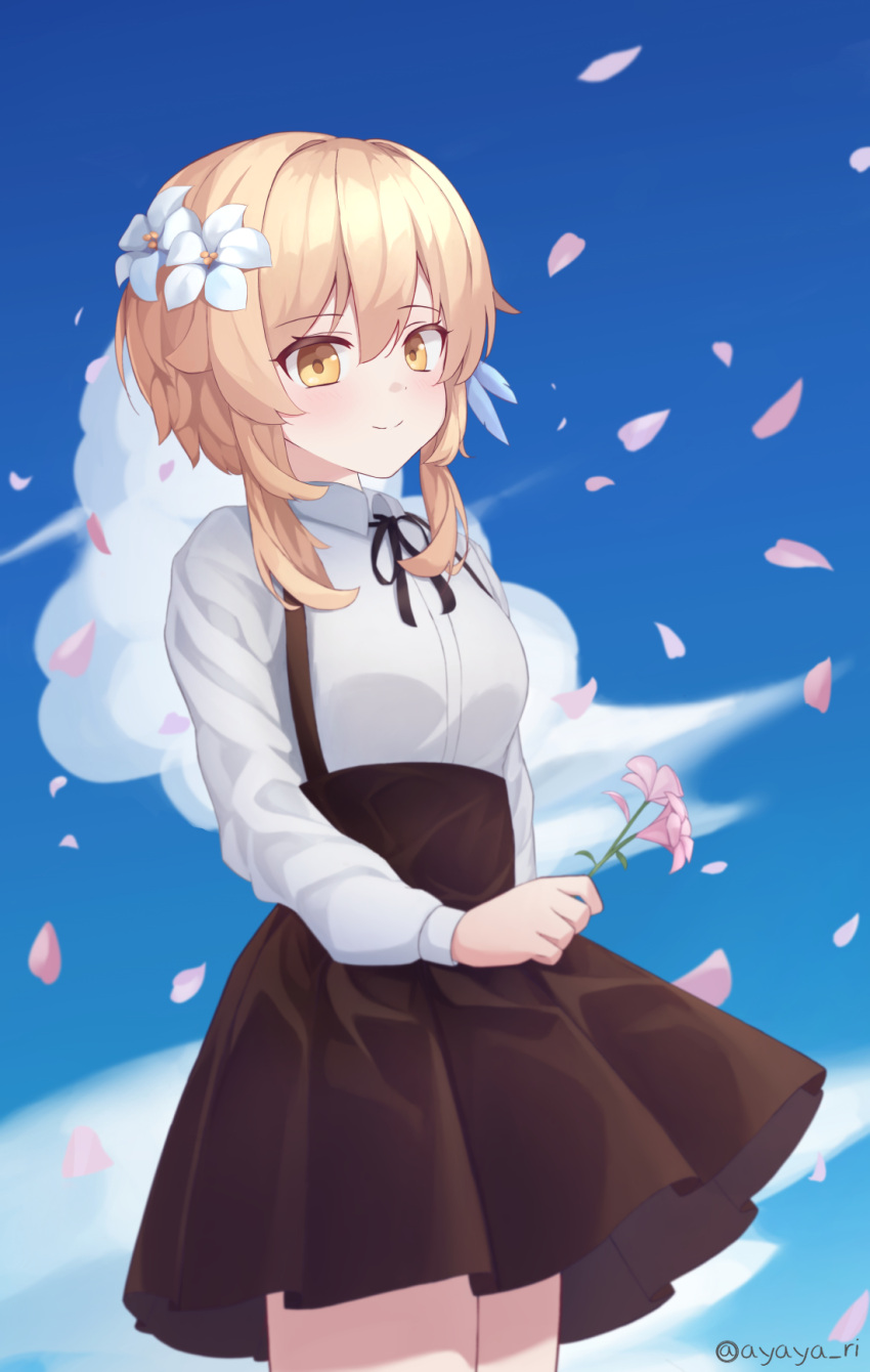 1girl, alternate_costume, ayaya_(ayaya_ri), bangs, black_skirt, blue_sky, bow, bowtie