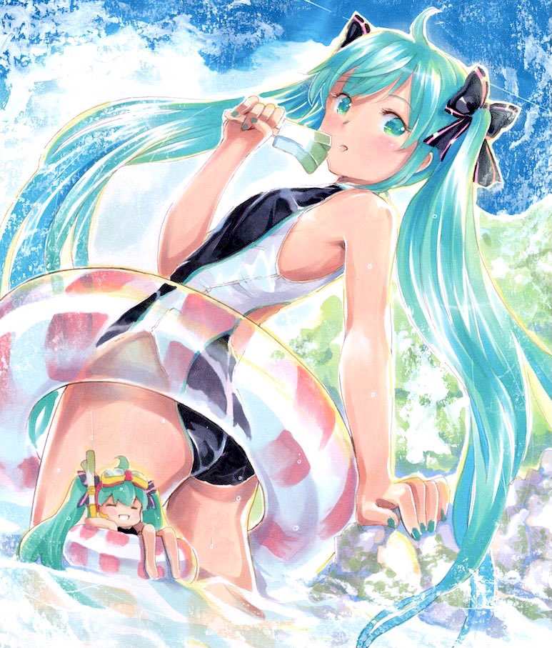 2girls, ahoge, aqua_eyes, aqua_hair, aqua_nails, arm_rest, chibi_miku_(mayo_riyo), commentary