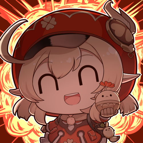 1girl, :d, ^_^, ^o^, ahoge, backpack, bag, bag_charm, bangs, blush_stickers, brown_gloves, brown_scarf, cabbie_hat, charm_(object), chibi, closed_eyes, clover_print, coat, commentary_request, dodoco_(genshin_impact), explosion, eyebrows_visible_through_hair, genshin_impact, gloves, hair_between_eyes, hat, holding, jumpy_dumpty, klee_(genshin_impact), light_brown_hair, long_hair, long_sleeves, looking_at_viewer, low_twintails, lowres, open_mouth, pocket, pointy_ears, randoseru, red_coat, red_headwear, scarf, shade, sidelocks, smile, solo, twintails, tyanbaku