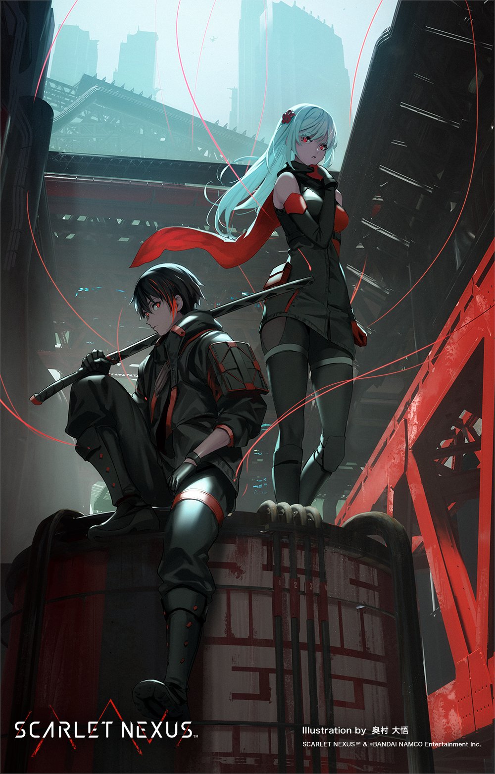 black_hair, boots, building, daigo_okumura, gloves, highres, holding, holding_weapon