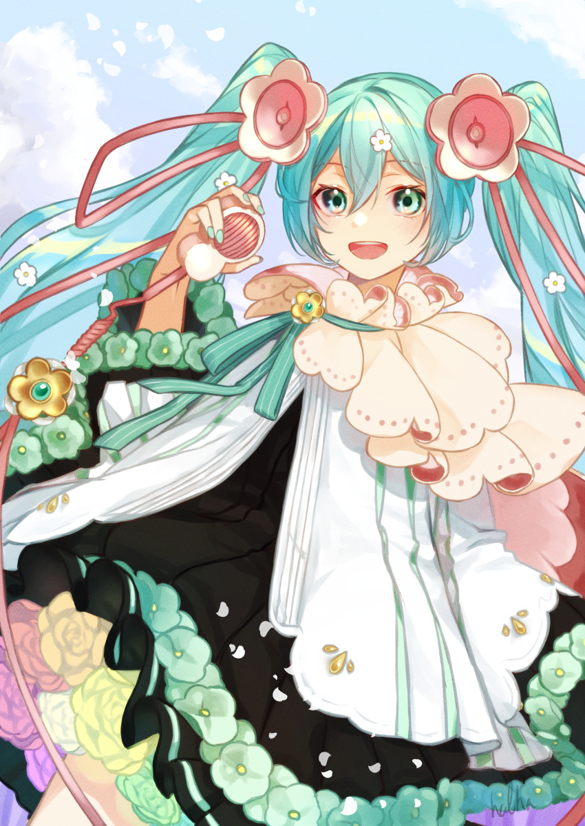 1girl, absurdres, aqua_eyes, aqua_flower, aqua_hair, aqua_nails, black_skirt, cable