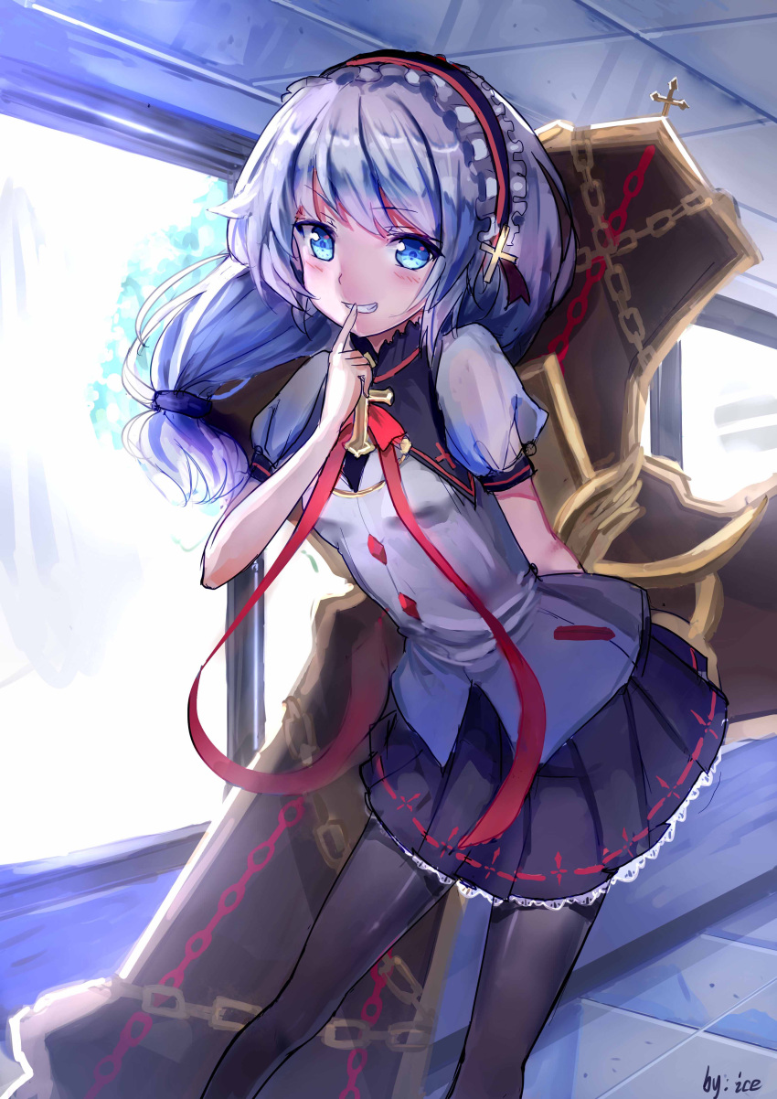 1girl, absurdres, bangs, black_legwear, black_skirt, blue_eyes, chain, cross_(weapon)