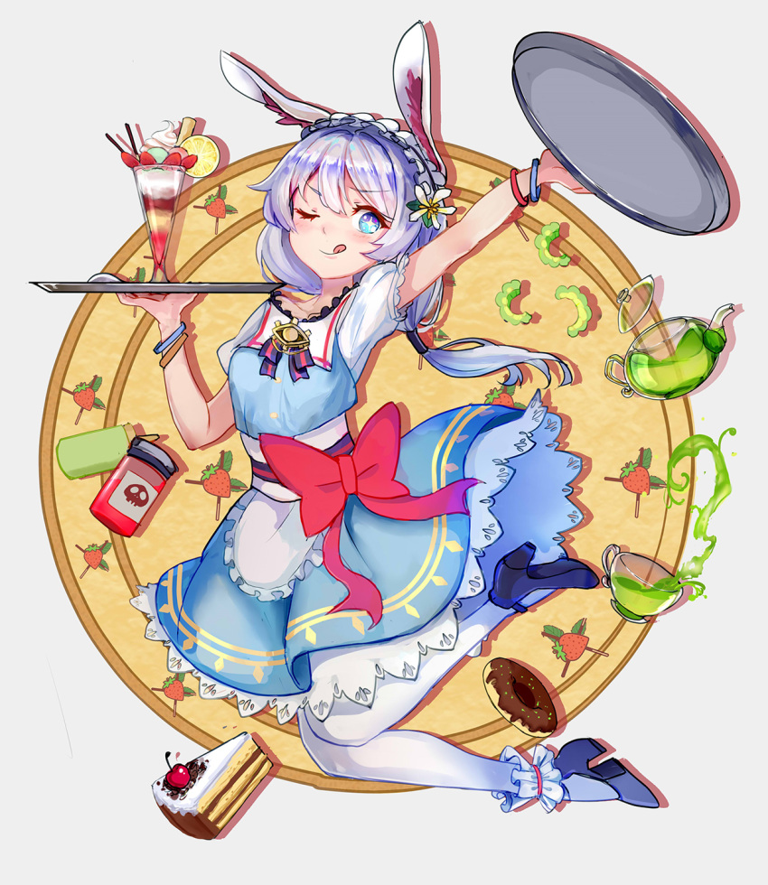 +_+, 1girl, animal_ears, bangs, blue_eyes, blue_footwear, bracelet, cross_(weapon)