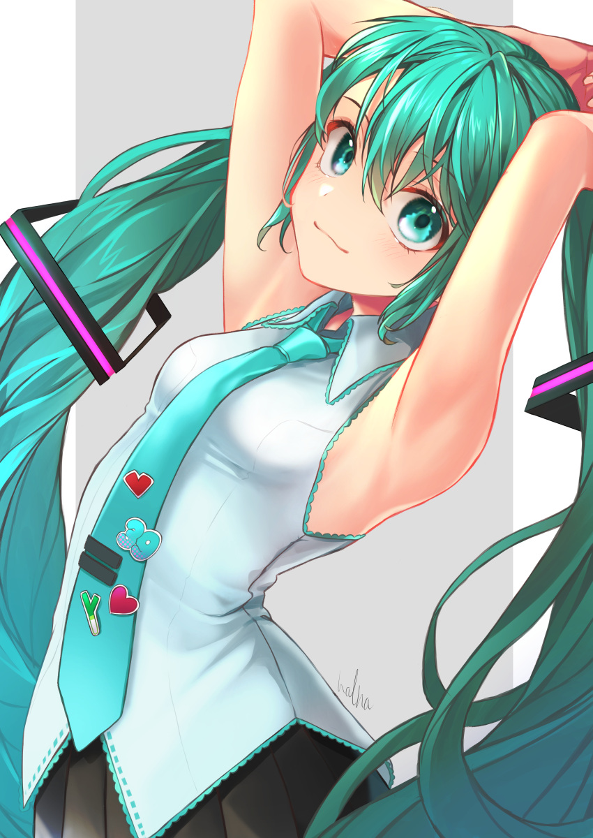 1girl, 39, :3, absurdres, aqua_eyes, aqua_hair, aqua_neckwear, armpits, arms_up, badge, bare_shoulders, black_skirt, commentary, grey_background, grey_shirt, hair_ornament, halha_20, hatsune_miku, heart, highres, long_hair, looking_at_viewer, necktie, pillarboxed, pleated_skirt, shirt, signature, skirt, sleeveless, sleeveless_shirt, smile, solo, spring_onion, tie_clip, twintails, upper_body, very_long_hair, vocaloid