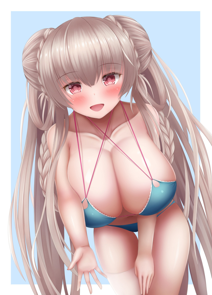 1girl, absurdres, aqua_bikini, azur_lane, bikini, blue_background, braid, braided_bun