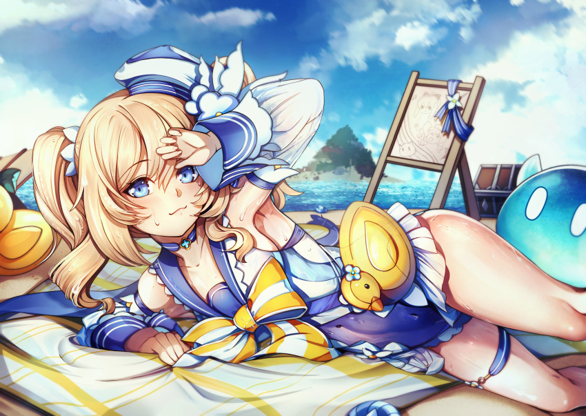 1girl, absurdres, baabara_(animal_crossing), bag, barbara_(genshin_impact), barbara_(summertime_sparkle)_(genshin_impact), beach, bird, blue_sky, bow, bowtie, detached_sleeves, duck, genshin_impact, hat, highres, long_sleeves, lying, one-piece_swimsuit, sailor_hat, sky, slime_(genshin_impact), swimsuit, wet