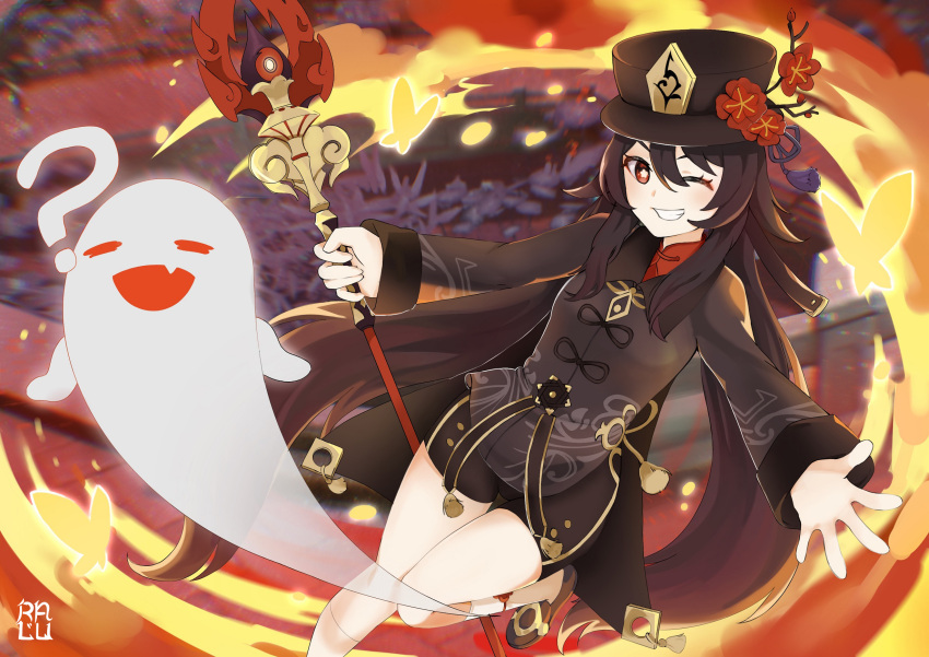1girl, ;d, ?, bangs, black_hair, black_shorts, blurry, bug, butterfly, chinese_clothes, commentary, depth_of_field, eyebrows_visible_through_hair, fire, flower, genshin_impact, ghost, grin, hair_between_eyes, hat, hat_flower, hat_ornament, highres, holding, holding_spear, holding_weapon, hu_tao_(genshin_impact), insect, kneehighs, long_hair, long_sleeves, looking_at_viewer, one_eye_closed, open_mouth, outstretched_arms, polearm, ralucadraws, red_eyes, shorts, sidelocks, smile, spear, spread_arms, staff_of_homa, standing, standing_on_one_leg, twintails, v-shaped_eyebrows, weapon, white_legwear