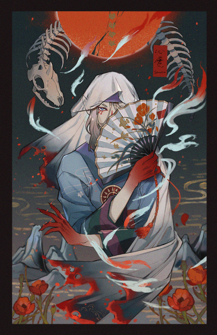 1boy, bird, blood, bloody_clothes, bloody_hands, blue_eyes, covered_mouth, facepaint
