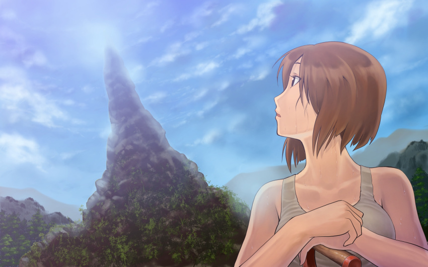 blue_sky, brown_hair, chiaki_rakutarou, digging, dirt, foliage, hagiwara_yukiho, handle