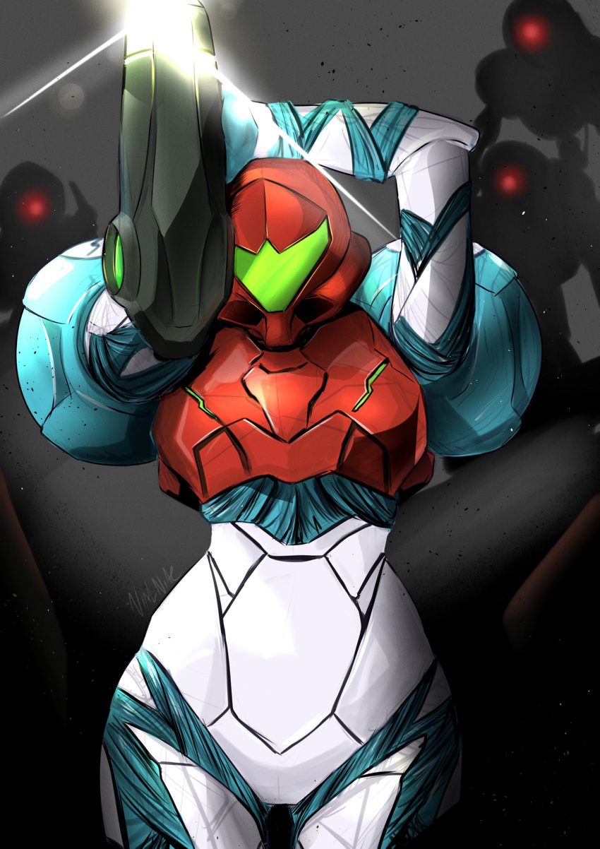 1girl, arm_cannon, armor, glowing, gun, helmet, highres, looking_at_viewer