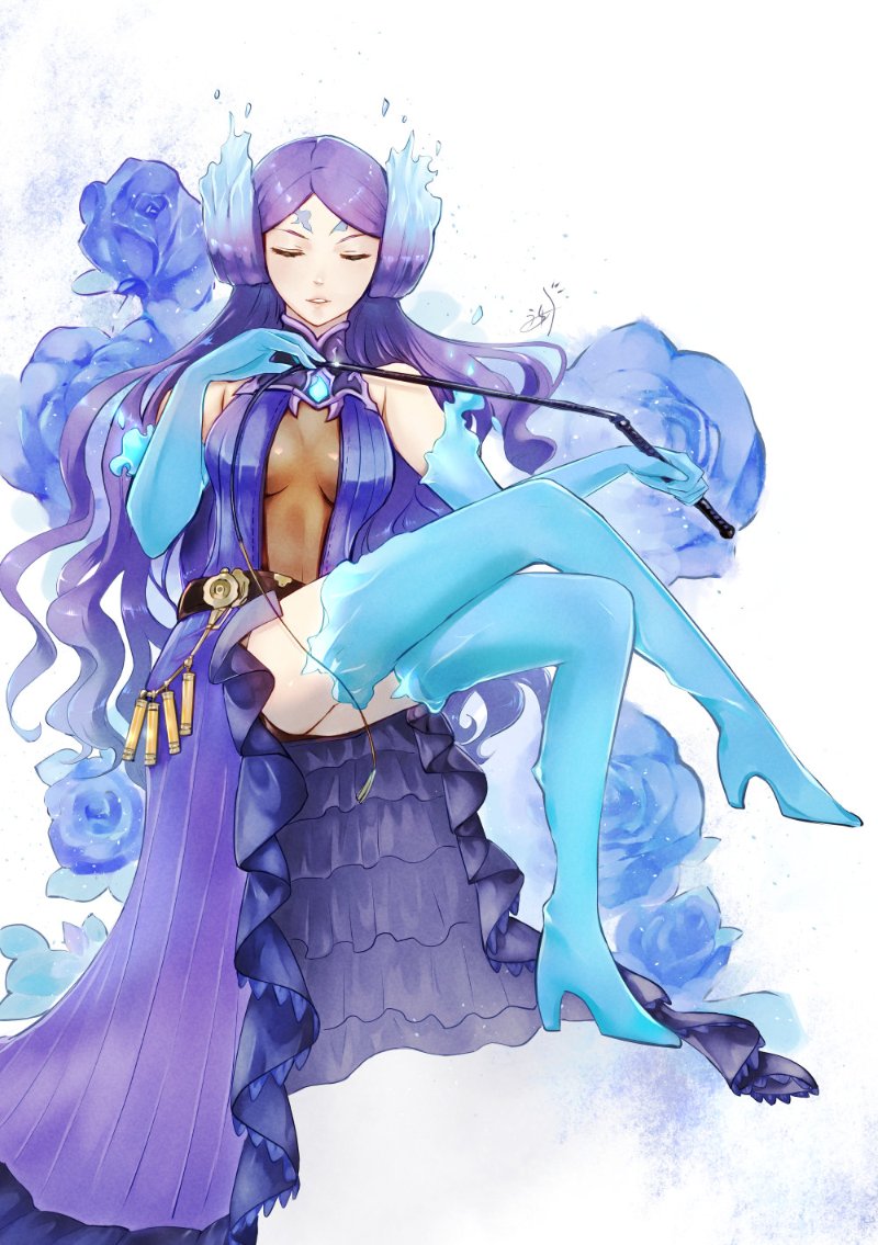 blue_fire, breasts, brighid_(xenoblade), center_opening, closed_eyes, collarbone, curvy, dress