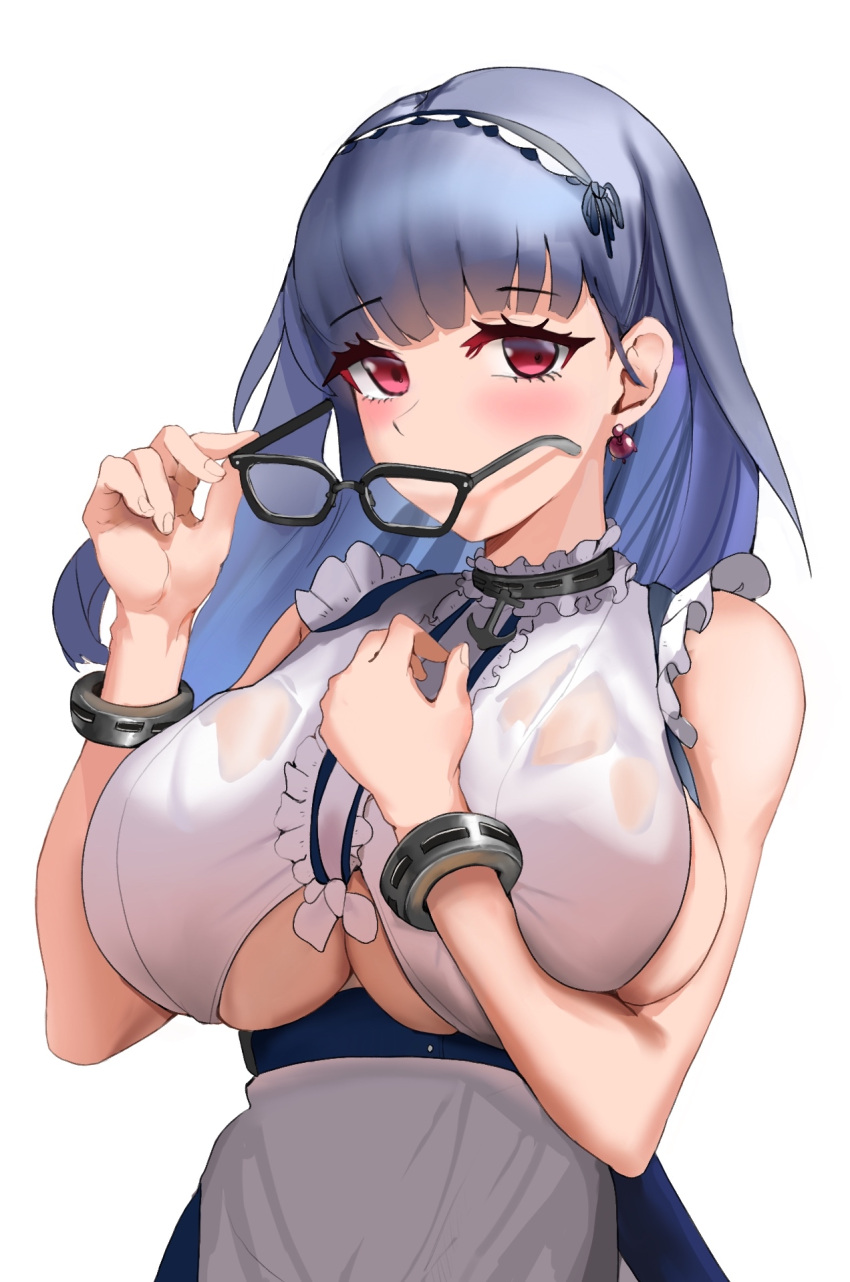 1girl, anchor_symbol, azur_lane, bare_shoulders, bespectacled, blue_hair, breasts, clothing_cutout