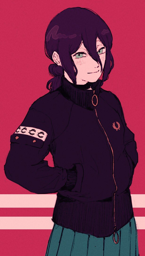 1girl, alternate_costume, black_choker, black_hair, black_jacket, blue_skirt, blush, breasts, chainsaw_man, choker, closed_mouth, commentary, cowboy_shot, fred_perry_(brand), green_eyes, hair_between_eyes, hair_bun, hands_in_pockets, jacket, looking_at_viewer, menol_methanol, pink_background, pleated_skirt, product_placement, reze_(chainsaw_man), short_hair, simple_background, skirt, small_breasts, smile, solo, tied_hair, zipper