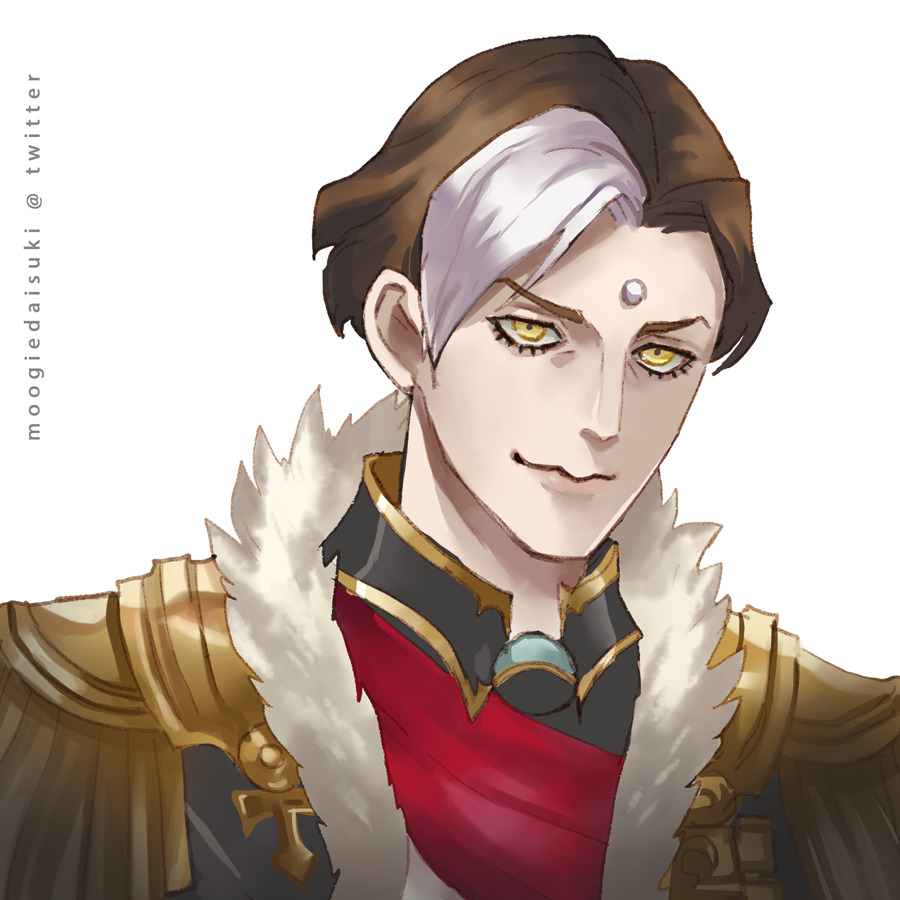 1boy, artist_name, brown_hair, emet-selch, epaulettes, facial_mark, final_fantasy, final_fantasy_xiv