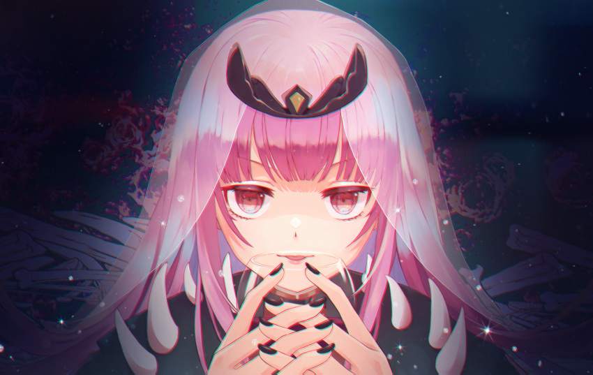 1girl, bangs, black_cape, black_nails, cape, chami_(charming621), cup, drinking_glass