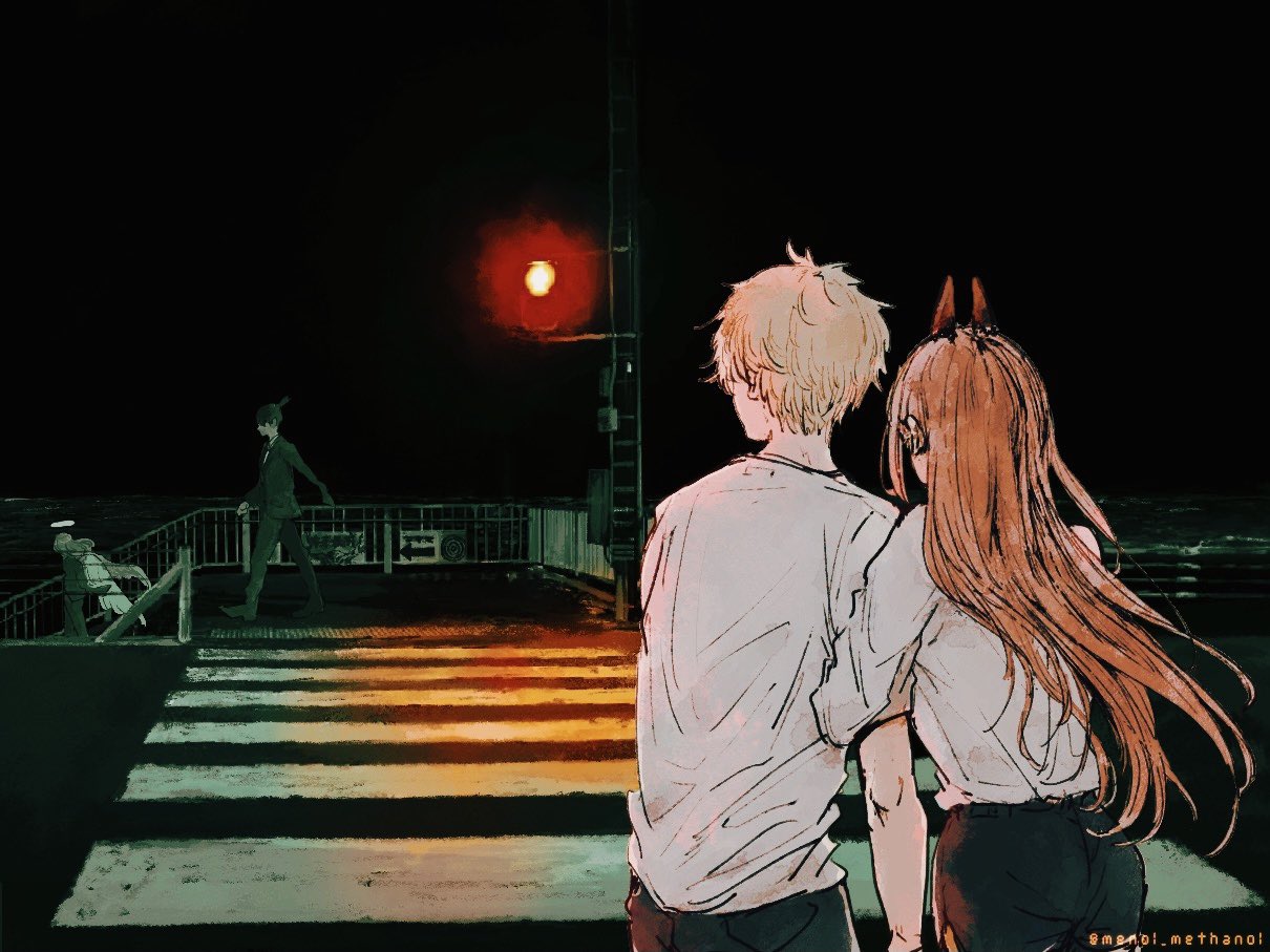 1girl, 3boys, angel_devil_(chainsaw_man), angel_wings, arrow_(symbol), back, black_background, black_jacket, black_pants, black_sky, black_suit, blonde_hair, chainsaw_man, commentary, crosswalk, demon_horns, denji_(chainsaw_man), from_behind, halo, hayakawa_aki_(chainsaw_man), horns, jacket, locked_arms, long_hair, menol_methanol, multiple_boys, ocean, outdoors, pants, power_(chainsaw_man), profile, shirt, shirt_tucked_in, short_hair, stairs, topknot, traffic_light, twitter_username, upper_body, white_shirt, wings