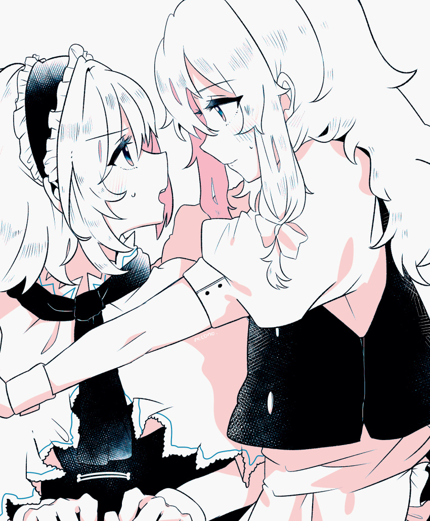 2girls, alice_margatroid, apron, artist_name, bangs, black_vest, blush, bow
